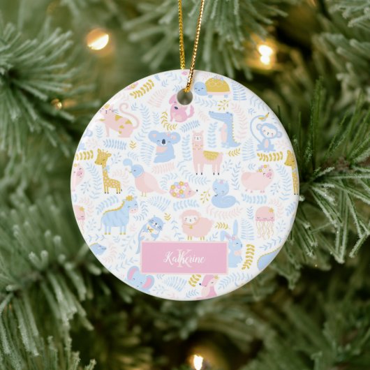 Cute Pastel Animal Monogrammed Girl Pink Kerstmis Keramisch Ornament (Boom)