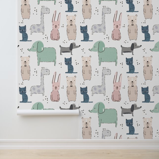 Cute Pastel Baby Animal Patroon Behang (Applicatie)