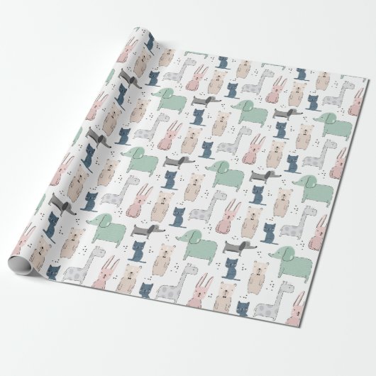 Cute Pastel Baby Animal Patroon Cadeaupapier (Uitgerold)