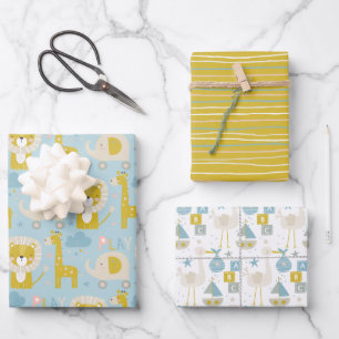 Cute Pastel Baby Boy Blue Elephant Stork Giraffe Inpakpapier Vel