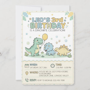 Cute Pastel Baby Dinosaur 3e Verjaardagsfeestje Kaart