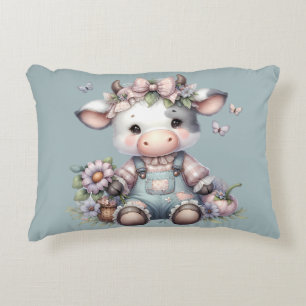 Cute Pastel Baby Koe in Overall met Bloemen Accent Kussen