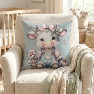 Cute Pastel Baby Koe in Overall met Bloemen Kussen