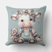 Cute Pastel Baby Koe in Overall met Bloemen Kussen (Voorkant)