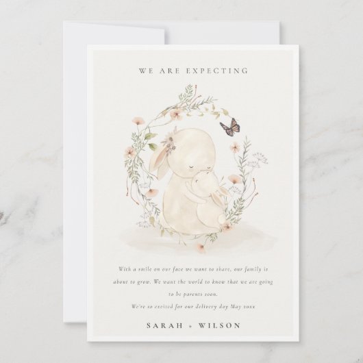 Cute Pastel Baby Mum Bunny Floral Wreate Baby Aankondiging (Voorkant)