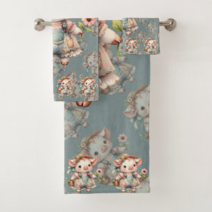 Cute Pastel Biggetje in Cottagecore Overall Bad Handdoek