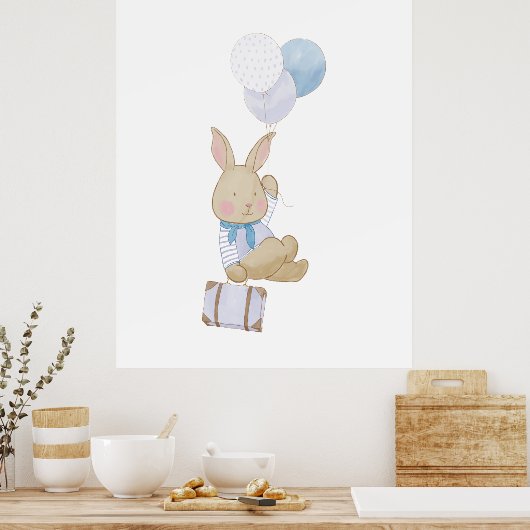 Cute Pastel Blauwe Ballonnen Konijn Nursery Decor Poster (Keuken)