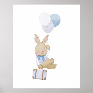 Cute Pastel Blauwe Ballonnen Konijn Nursery Decor Poster