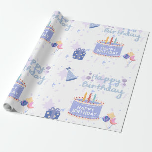 Cute Pastel Blauwe Verjaardagstaart Naadloos Patro Cadeaupapier