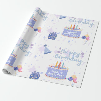 Cute Pastel Blauwe Verjaardagstaart Naadloos Patro Cadeaupapier