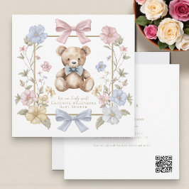 Cute pastel bloem Teddy Beer Baby Shower QR code Kaart
