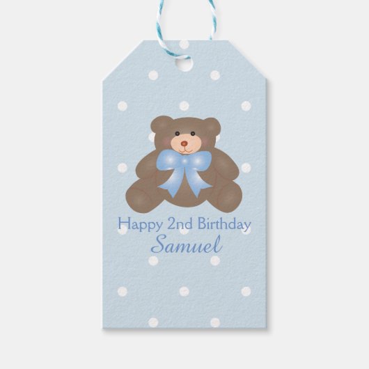Cute Pastel Blue Ribbon Teddy Bear Boy Birthday Cadeaulabel (Voorkant)