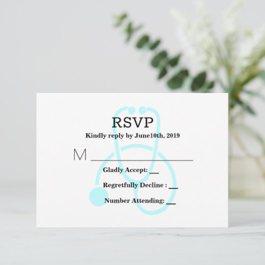 Cute Pastel Blue Stethoscoop RSVP Kaartje (Staand voorkant)
