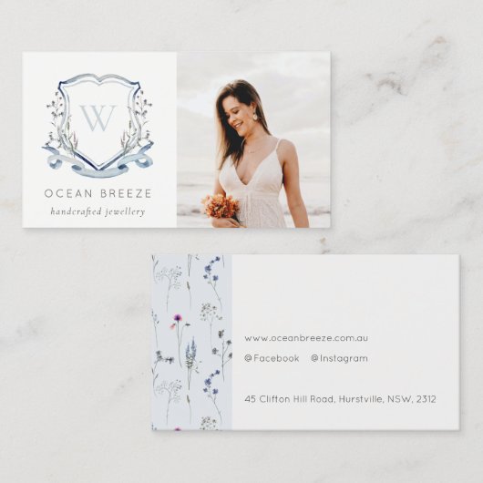 Cute Pastel Blue Willem Photo Crest Monogram Visitekaartje (Voorkant / Achterkant)