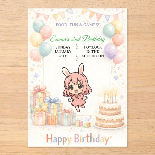 Cute Pastel Bunny Birthday Invitation Acryl Uitnodigingen (Voorkant)