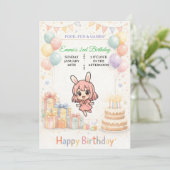 Cute Pastel Bunny Birthday Invitation Kaart (Staand voorkant)