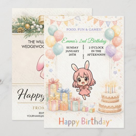 Cute Pastel Bunny Birthday Invitation Kaart (Voorkant / Achterkant)