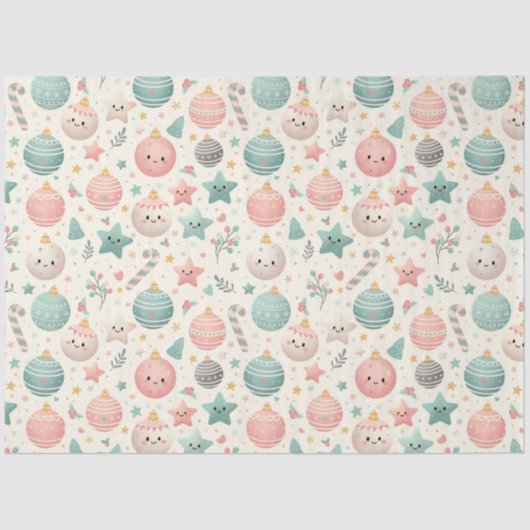 Cute Pastel Christmas Pattern Ornaments and Stars Tissuepapier (Voorkant)
