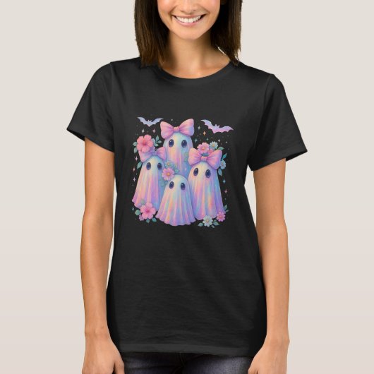 Cute Pastel Coquette Ghosts Pink Bows Flowers T-shirt (Voorkant)