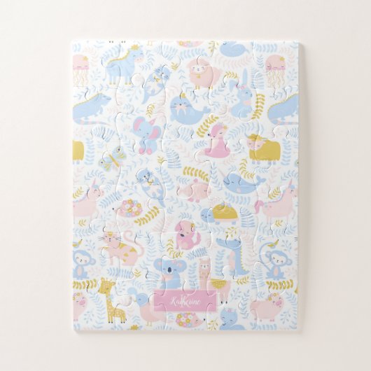 Cute Pastel Dierenwinkel Monogramme meisje Roze Legpuzzel (Verticaal)