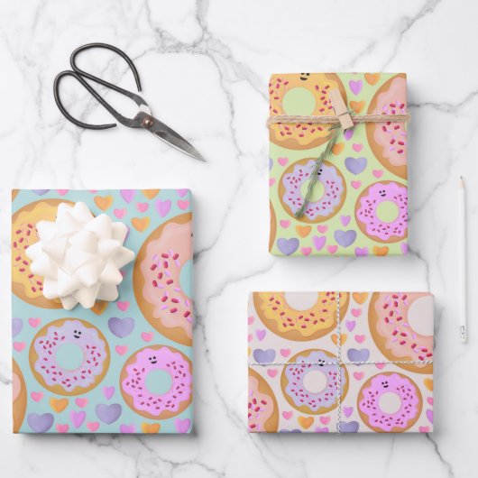 Cute Pastel Donuts & Hearts Inpakpapier Vel (Voorkant)
