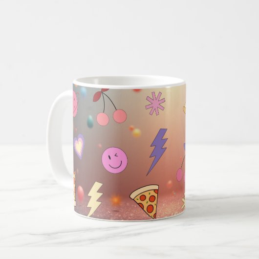 Cute Pastel Doodle Pattern Pizza Cherry Smiley Koffiemok (Voorkant links)