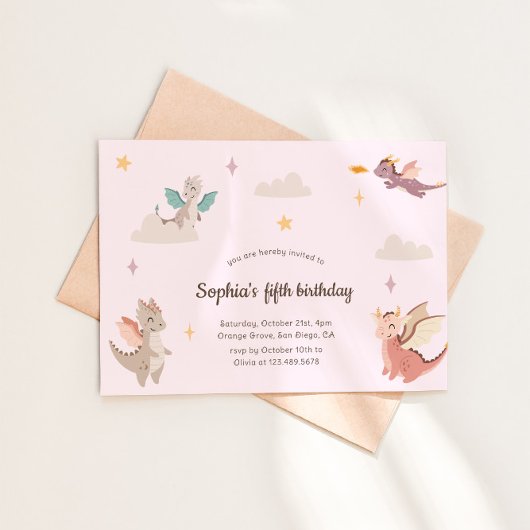 Cute Pastel Dragons Kids Birthday Party Kaart