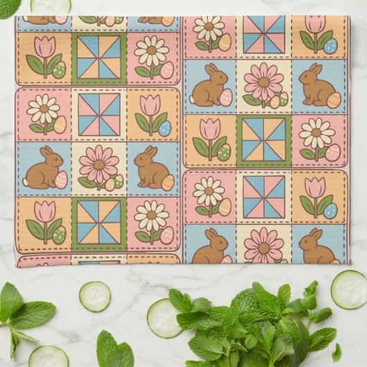 Cute Pastel Easter Bunny Flower Patchwork  Theedoek (Gevouwen)