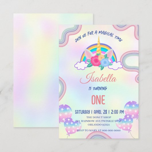 Cute pastel eenhoorns regenboog verjaardagsfeestje bedankkaart (Voorkant / Achterkant)