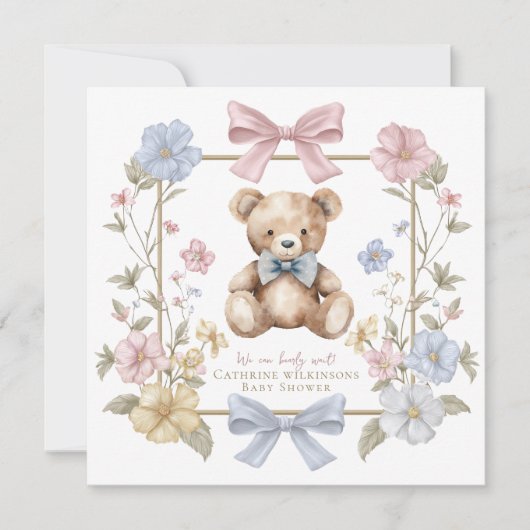 Cute pastel Floral Teddy Bear Baby Shower QR code  Kaart (Voorkant)