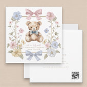 Cute pastel Floral Teddy Bear Baby Shower QR code  Kaart