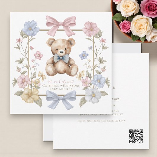 Cute pastel Floral Teddy Bear Baby Shower QR code  Kaart