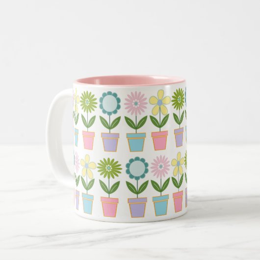 Cute Pastel Flower Pots Pattern Tweekleurige Koffiemok (Voorkant links)