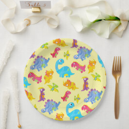 Cute Pastel Gele Uniseks Baby Dinosaur Verjaardag Papieren Bordje