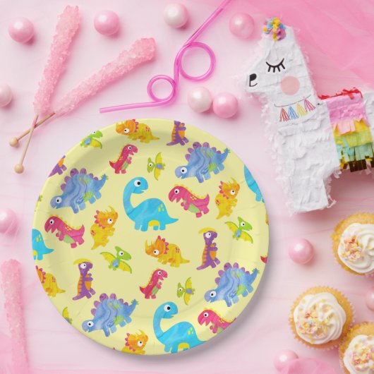 Cute Pastel Gele Uniseks Baby Dinosaur Verjaardag Papieren Bordje (Feest)
