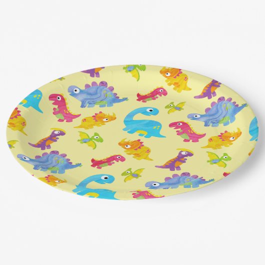 Cute Pastel Gele Uniseks Baby Dinosaur Verjaardag Papieren Bordje (Gekanteld)