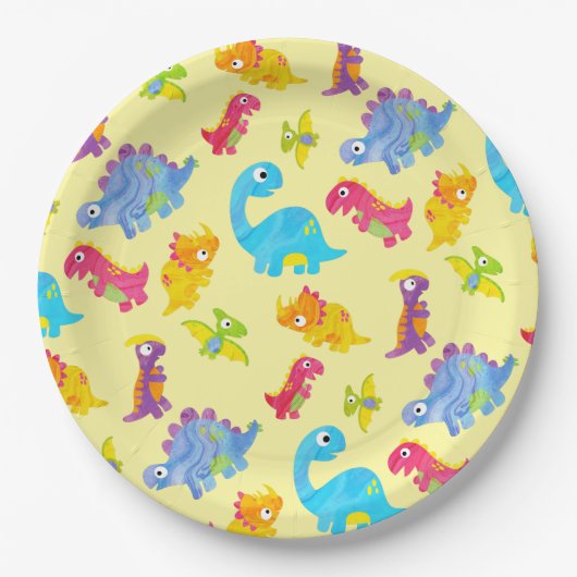 Cute Pastel Gele Uniseks Baby Dinosaur Verjaardag Papieren Bordje (Voorkant)