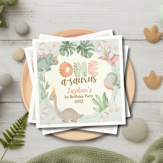 Cute Pastel Green Dinosaur One A Saurus Birthday Servet