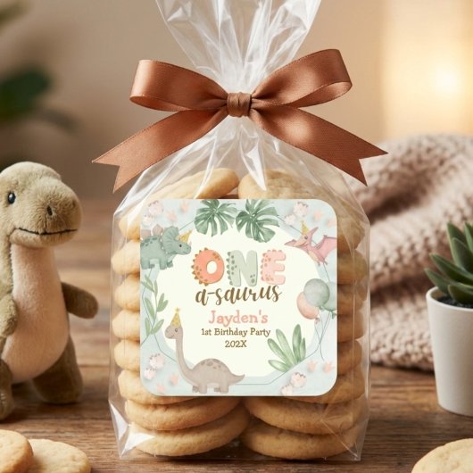 Cute Pastel Green Dinosaur One A Saurus Birthday  Vierkante Sticker