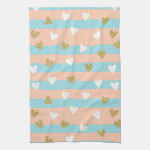 Cute Pastel Harten Streep met Glanzend Goud Theedoek