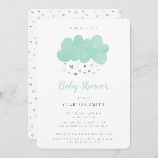 Cute Pastel Hearts Rain Cloud Baby shower Kaart (Voorkant / Achterkant)