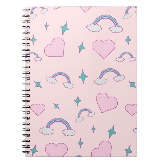 Cute Pastel Hearts & Rainbow Pattern | Kawaii Pink Notitieboek (Voorkant)