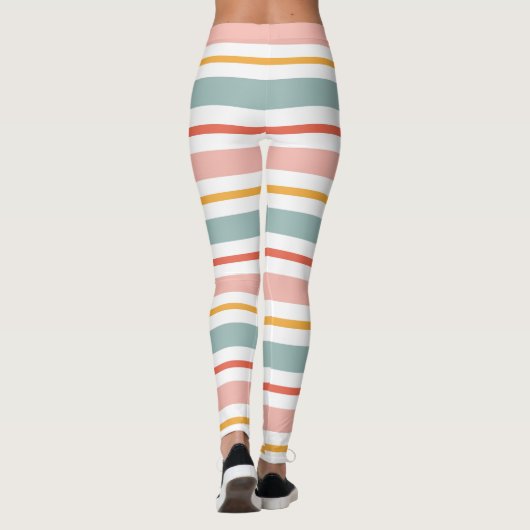 Cute Pastel Horizontal Stripes Boho Pink Teal Yell Leggings (Achterkant)