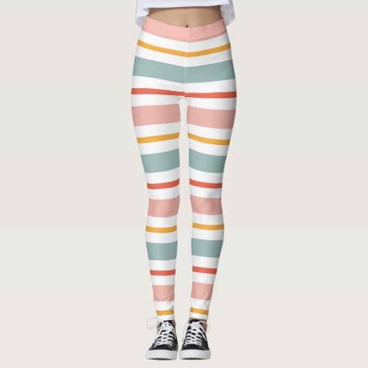 Cute Pastel Horizontal Stripes Boho Pink Teal Yell Leggings (Voorkant)