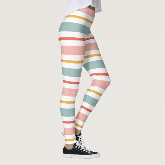 Cute Pastel Horizontal Stripes Boho Pink Teal Yell Leggings (Rechts)
