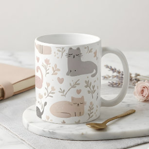 Cute Pastel Kat & Bloemmotief Koffie Koffiemok