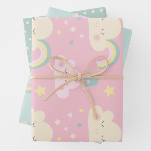 Cute Pastel Kawaii Clouds Rainbow Pattern Inpakpapier Vel (In situ)