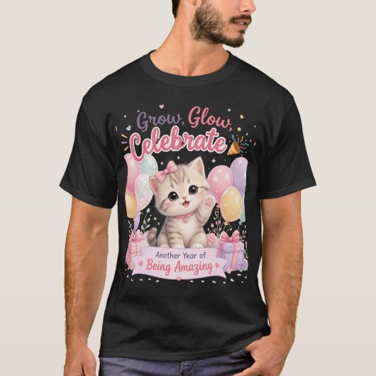 Cute Pastel Kitten Verjaardagsviering Ontwerp T-shirt (Voorkant)