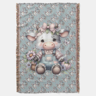 Cute Pastel Koe in Overall met Bloemen Deken