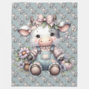 Cute Pastel Koe in Overall met Bloemen Fleece Deken